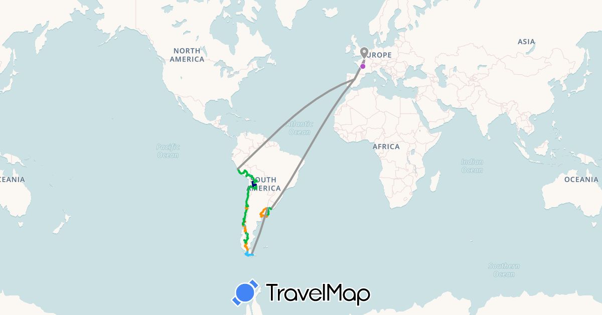 TravelMap itinerary: driving, bus, plane, train, hiking, boat, hitchhiking in Argentina, Bolivia, Chile, Spain, France, Peru, Uruguay (Europe, South America)